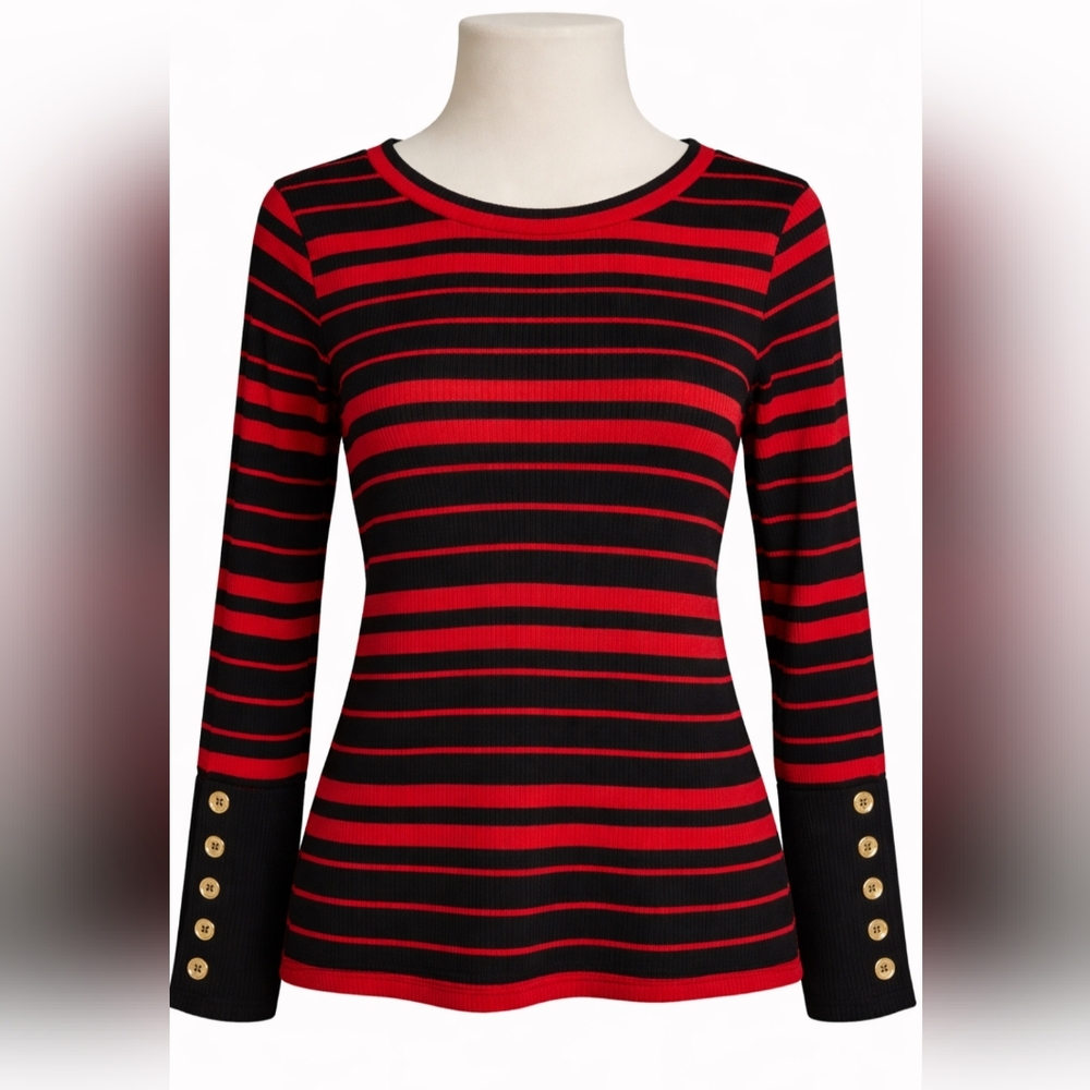 New W/ Tags Black and Red Striped Long Sleeve Top Sz L